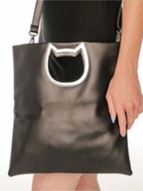 Black Shoulder Tote with Silver Cat-Shape Handle
